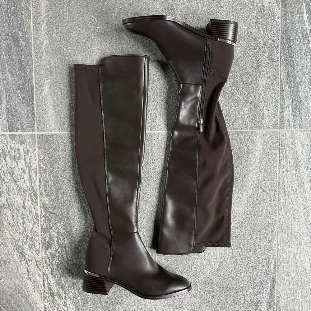 NWOB Calvin Klein Jotty Over The Knee Dress Boots Round Toe Brown Faux Leather 7